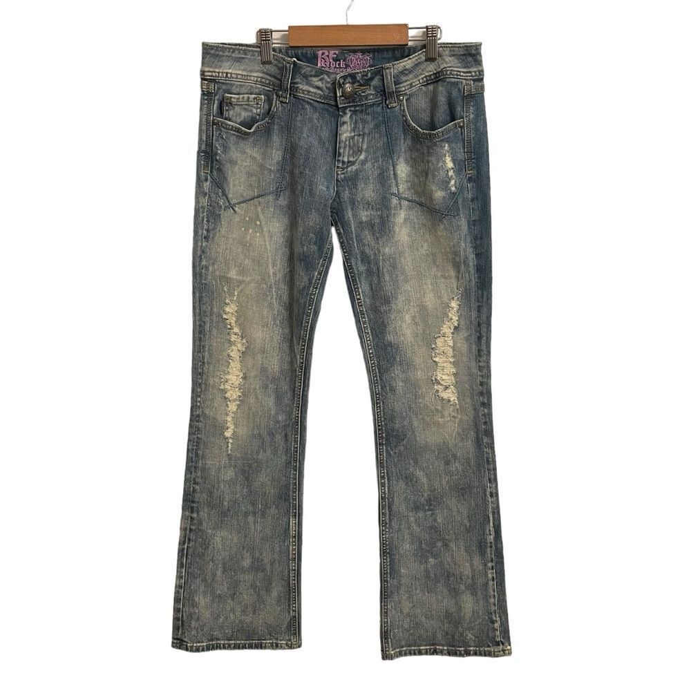 BE Rock for Express Low Rise Bootcut Distressed Acid Wash Embroidered Jeans